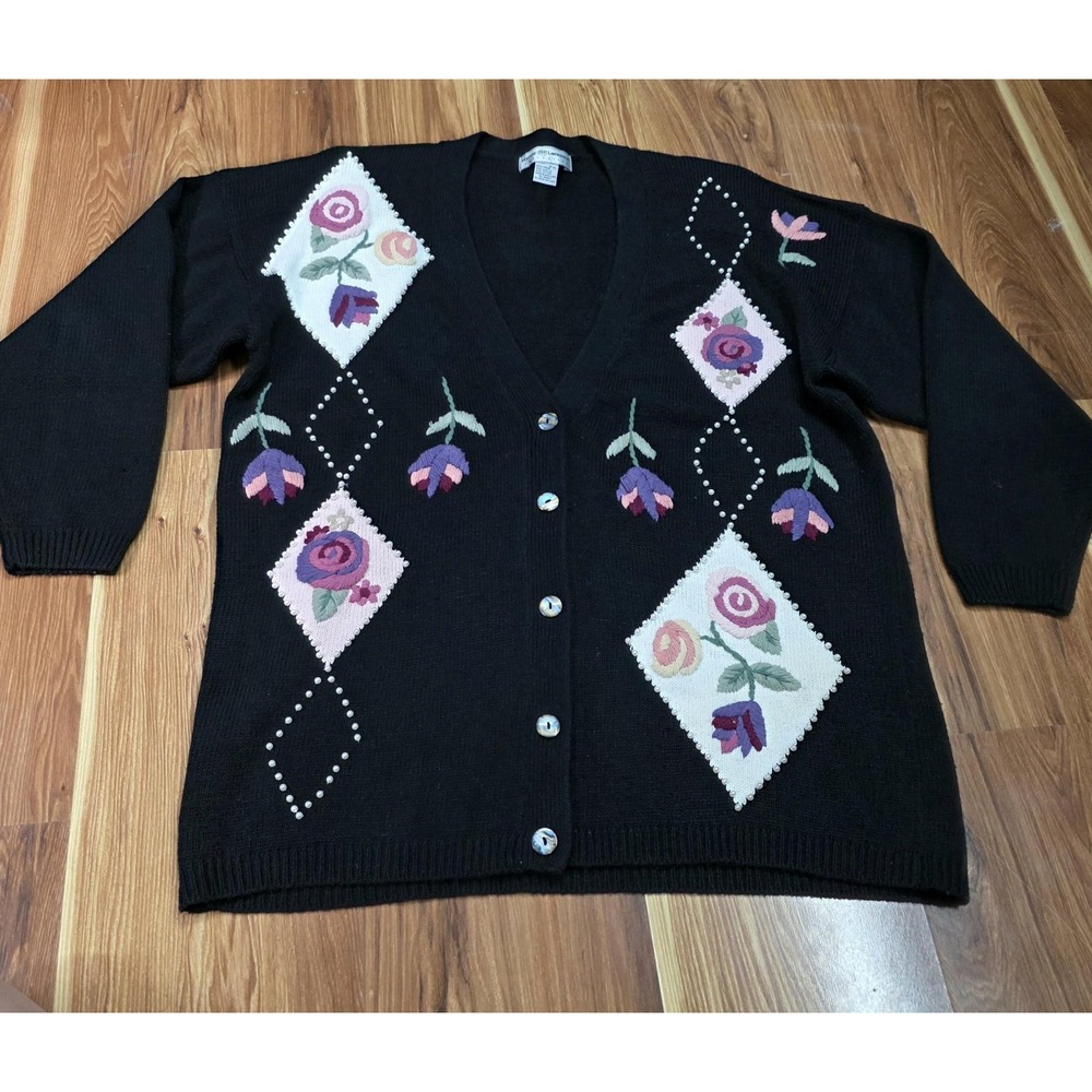 Vtg Maggie Lawrence Cardigan Sweater Womens 18/20 Black Floral Beaded Cottage - Picture 7 of 10